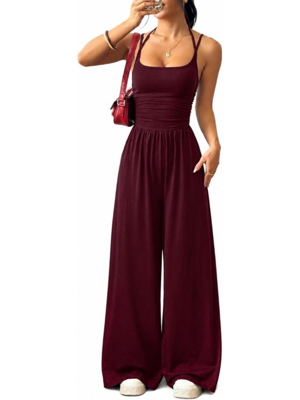 Women's Wine Red Sleeveless Spaghetti Strap Wide Leg Square Neckline Jumpsuits